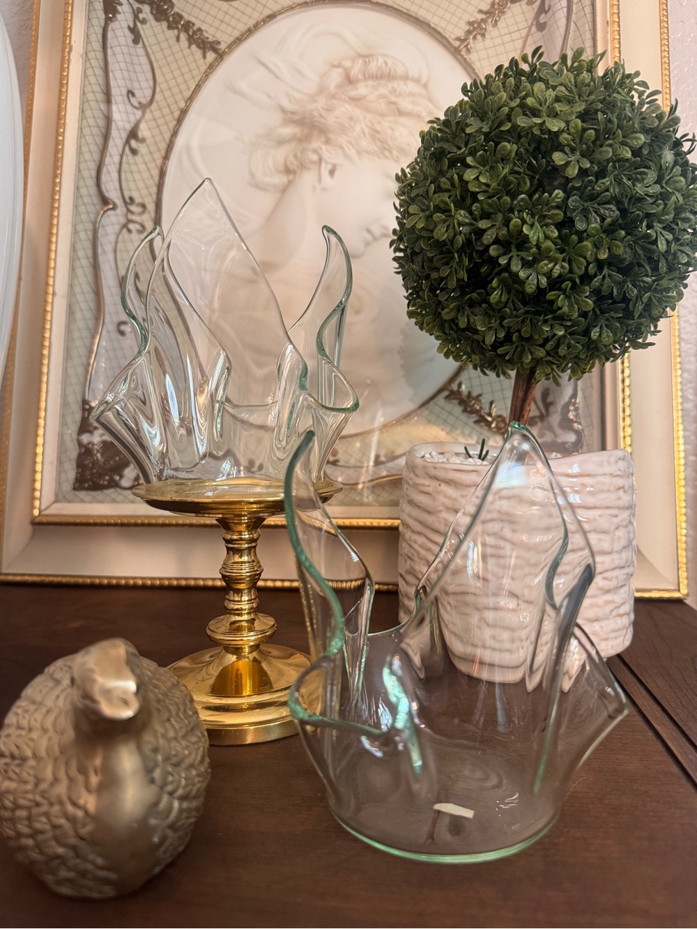 Vintage MCM Handblown Clear green tint Art Glass Flame candle holder/candy dish